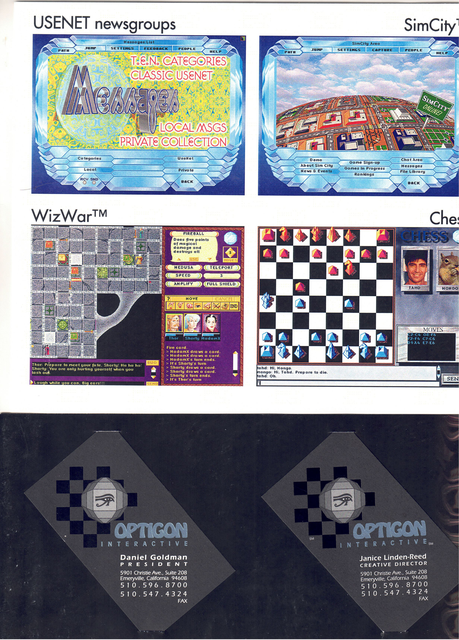 TEN screens for Usenet, SimCity, WizWar, and chess above Daniel Goldman and Janice Linden-Reed business cards