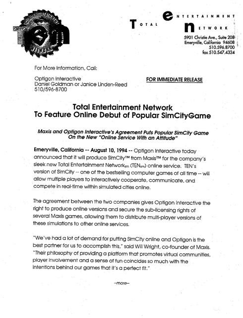Page one of the August 10, 1994 Optigon press release announcing the online debut of SimCity