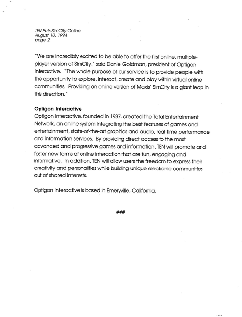 Page two of the August 10, 1994 Optigon press release announcing the online debut of SimCity